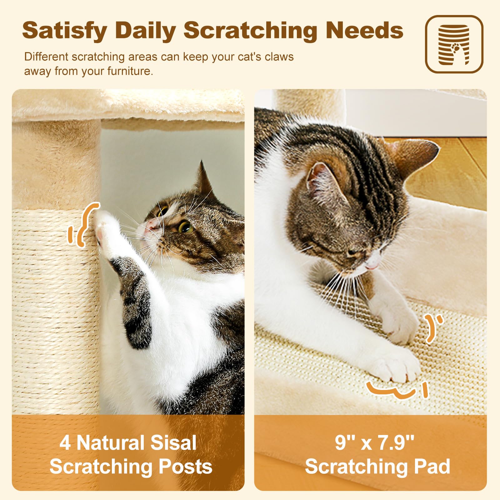 Pawz Road Cat Tree Tower 62 Inches Cat Tree With 2 Condos,2 Large Perch,4 Scratching Posts & 1 Scratching Board, And 2 Hanging B